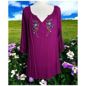 Kim Rogers Curvy Crinkle Jersey 3/4 Sleeve Embroidered Top in Purple Women's 1X